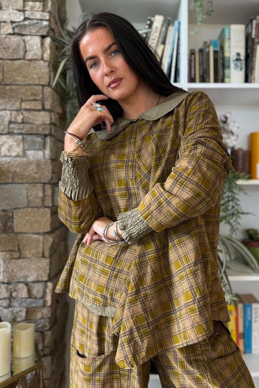 Heritage Needlecord Plaid Swing Top Mucky Olive & Camel